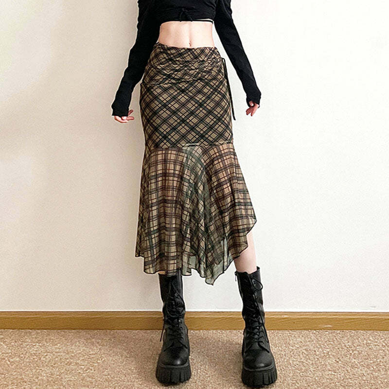 Trendy Plaid Asymmetrical Mesh Skirt: Perfect for Spring Outfits & Concerts