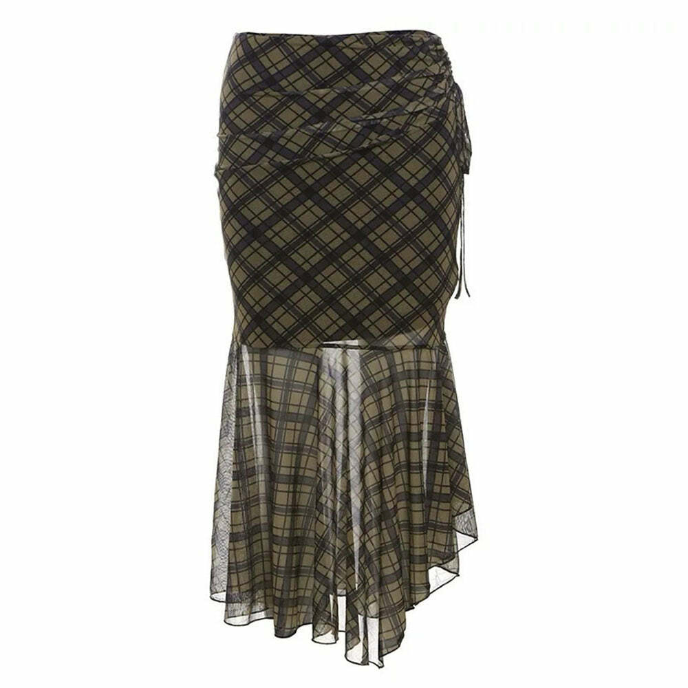 Trendy Plaid Asymmetrical Mesh Skirt: Perfect for Spring Outfits & Concerts