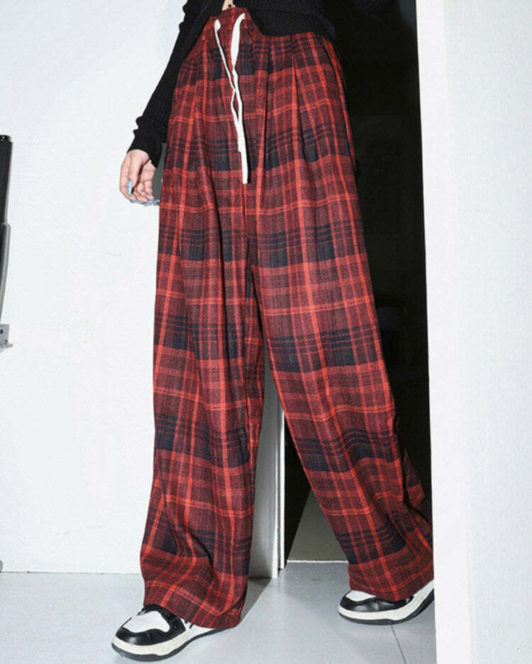 Trendy Red Grunge Plaid Pants: Perfect for Concerts & Casual Outfits