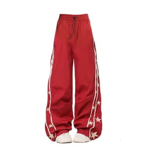 Trendy Red Star-Stripe Baggy Track Pants for Stylish Outfit Ideas