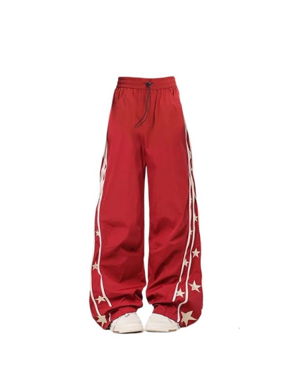 Trendy Red Star-Stripe Baggy Track Pants for Stylish Outfit Ideas