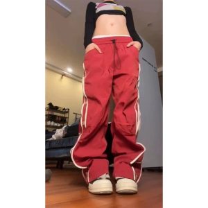 Trendy Red Star-Stripe Baggy Track Pants for Stylish Outfit Ideas