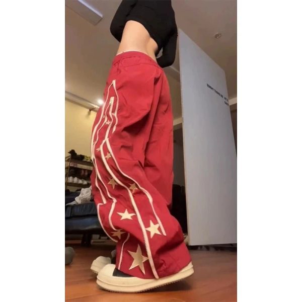 Trendy Red Star-Stripe Baggy Track Pants for Stylish Outfit Ideas