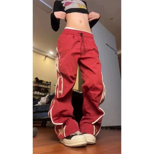 Trendy Red Star-Stripe Baggy Track Pants for Stylish Outfit Ideas