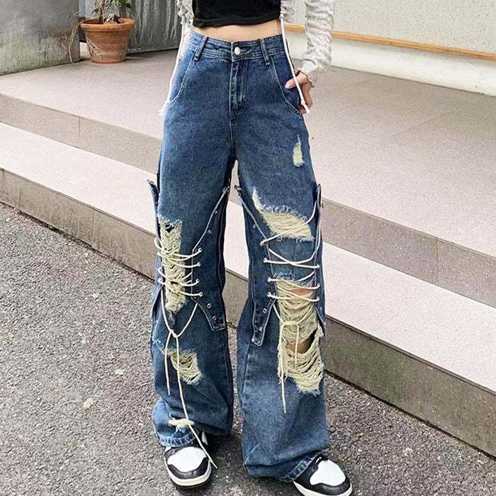 Trendy Ripped Lace Up Baggy Jeans for Stylish Spring & Concert Outfits