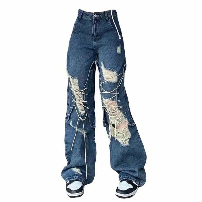 Trendy Ripped Lace Up Baggy Jeans for Stylish Spring & Concert Outfits