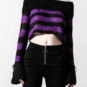 Trendy Ripped Striped Off-Shoulder Sweater for Stylish Outfit Ideas