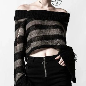 Trendy Ripped Striped Off-Shoulder Sweater for Stylish Outfit Ideas