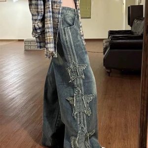 Trendy Shredded Grunge Wide-Leg Jeans for Stylish Outfit Ideas