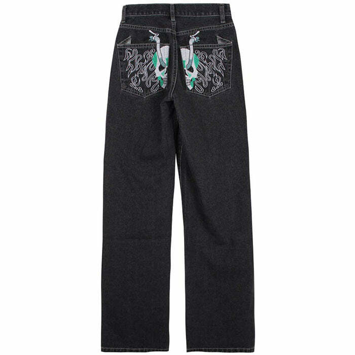 Trendy Skeleton Embroidery Jeans: Perfect for Concerts & Casual Outfits