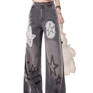 Trendy Star Patchwork Wide-Leg Jeans: Perfect for Casual Outfits