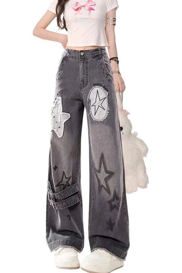 Trendy Star Patchwork Wide-Leg Jeans: Perfect for Casual Outfits