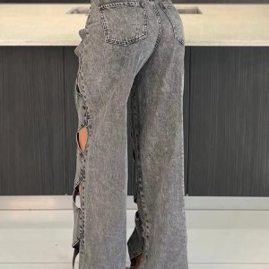 Trendy Twisted Rivet Cutout Denim Pants for Stylish Outfit Ideas