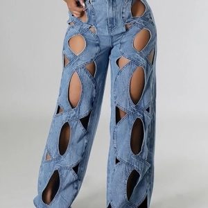 Trendy Twisted Rivet Cutout Denim Pants for Stylish Outfit Ideas