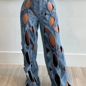 Trendy Twisted Rivet Cutout Denim Pants for Stylish Outfit Ideas