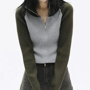 Trendy Two-Tone Zip-Up Sweater: Perfect for Casual Outfits & Concerts