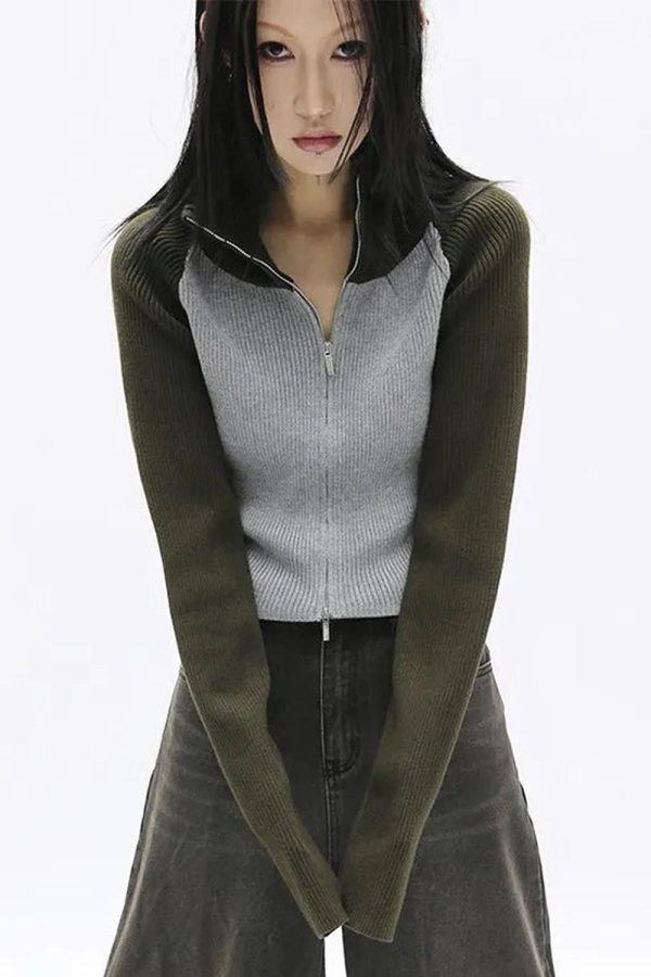 Trendy Two-Tone Zip-Up Sweater: Perfect for Casual Outfits & Concerts