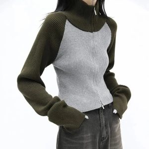 Trendy Two-Tone Zip-Up Sweater: Perfect for Casual Outfits & Concerts