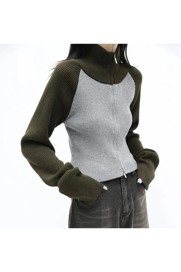 Trendy Two-Tone Zip-Up Sweater: Perfect for Casual Outfits & Concerts