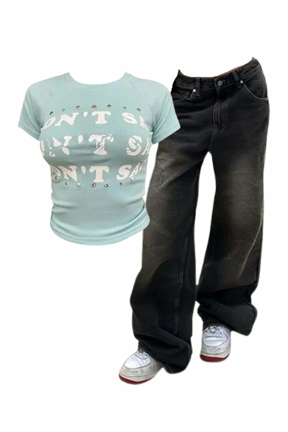 Trendy Vintage Washed Baggy Jeans & Studded Graphic Baby Top Outfit Ideas