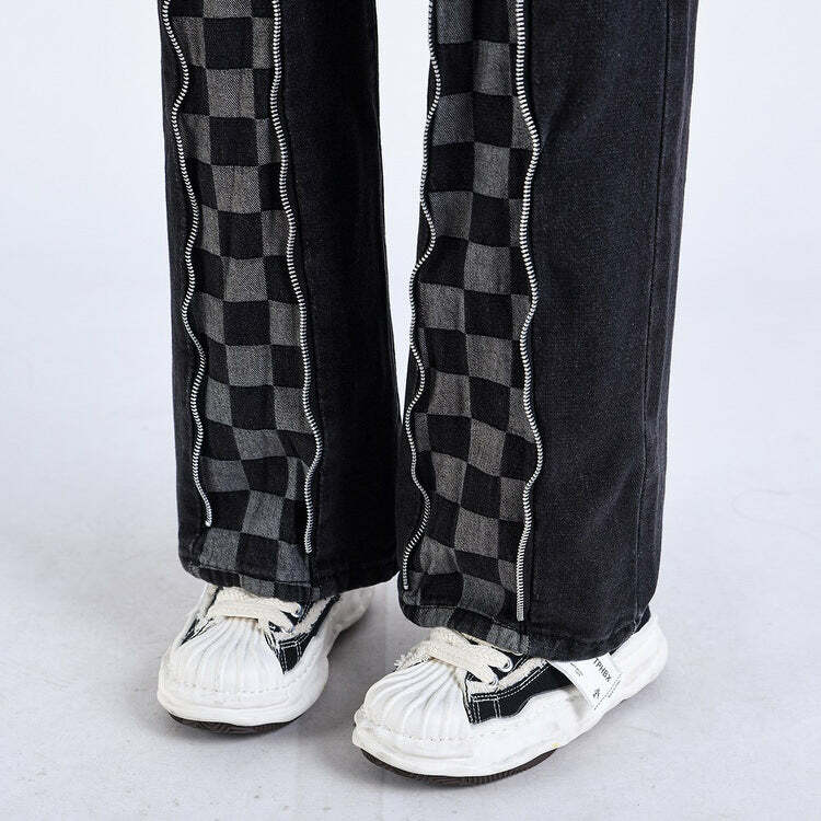 Trendy Zip Up Checker Jeans: Perfect for Casual Outfits & Concert Looks