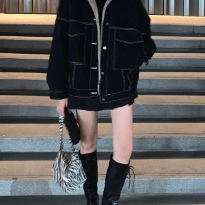 Urban Nights Sherpa-Lined Jacket - Y2K Fashion, 2000s Outfits, Cute Style