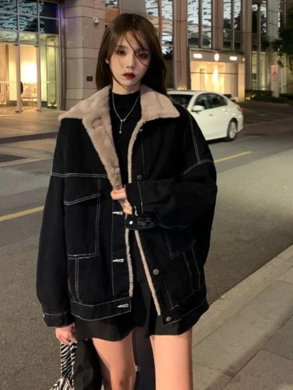 Urban Nights Sherpa-Lined Jacket - Y2K Fashion, 2000s Outfits, Cute Style