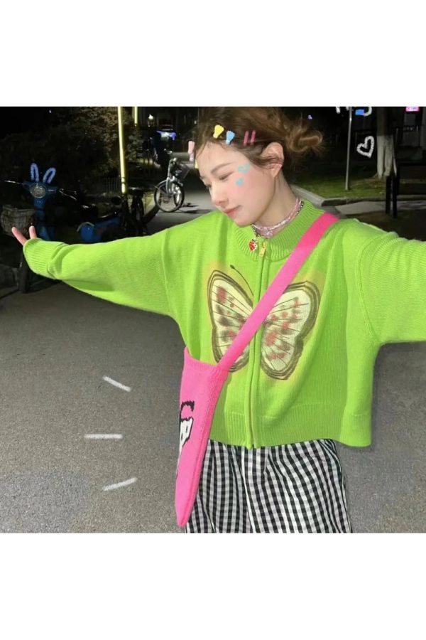 Vibrant Neon Butterfly Knit Cardigan: Perfect for Spring Outfits