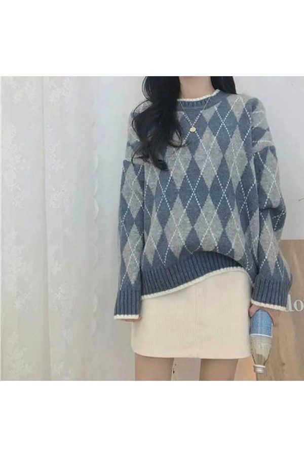 Vintage Argyle Knit Sweater: Perfect for Spring Outfits & Casual Looks