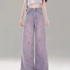 Vintage Lilac Distressed Wide-Leg Jeans: Trendy Outfit Ideas & Styles