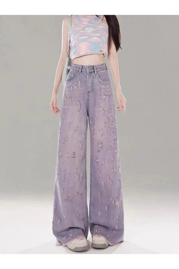 Vintage Lilac Distressed Wide-Leg Jeans: Trendy Outfit Ideas & Styles