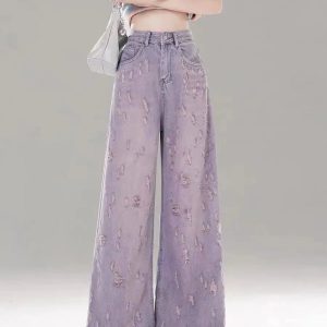 Vintage Lilac Distressed Wide-Leg Jeans: Trendy Outfit Ideas & Styles