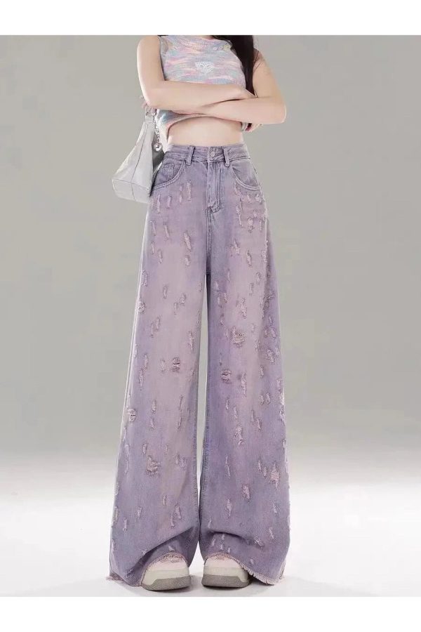 Vintage Lilac Distressed Wide-Leg Jeans: Trendy Outfit Ideas & Styles