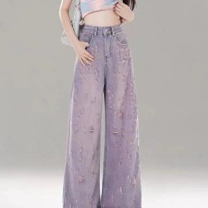 Vintage Lilac Distressed Wide-Leg Jeans: Trendy Outfit Ideas & Styles