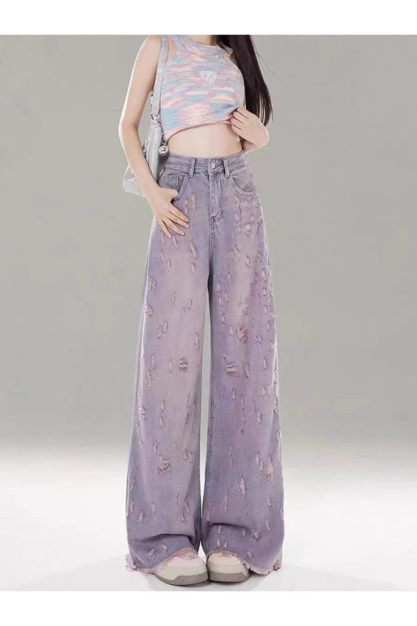 Vintage Lilac Distressed Wide-Leg Jeans: Trendy Outfit Ideas & Styles