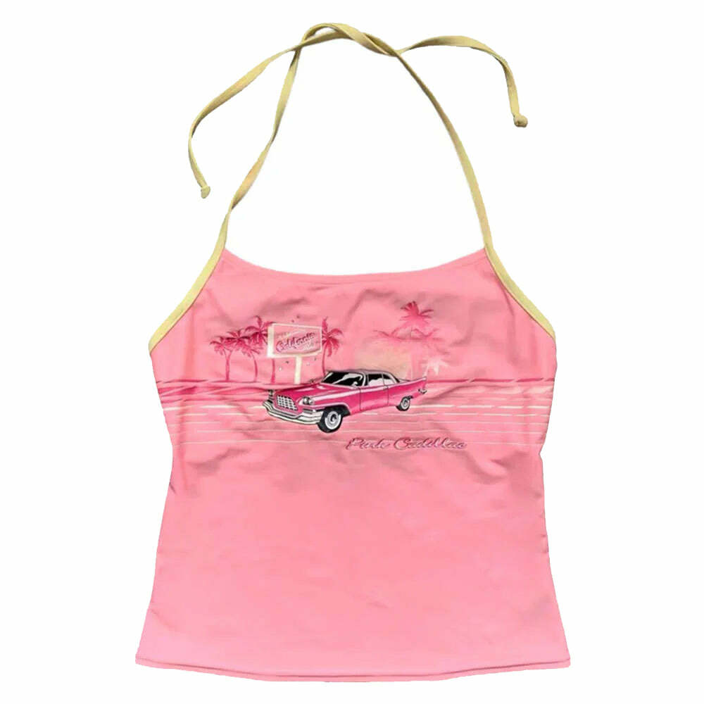 Vintage Pink Car Y2K Halter Top - Trendy Outfit Ideas for Every Occasion