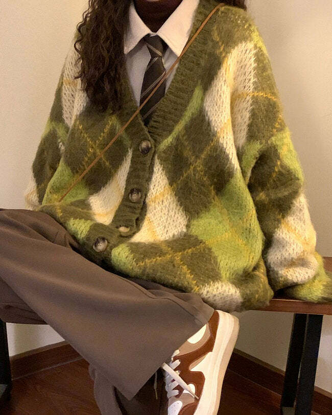 Warm Vibes Green Argyle Cardigan Sweater: Perfect for Spring Outfits