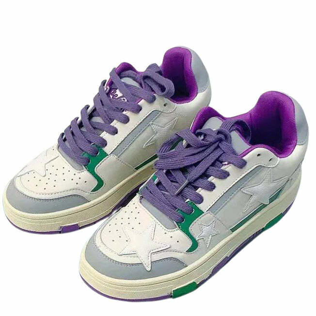 White & Purple Aesthetic Star Sneakers: Perfect for Spring Outfits & Concerts