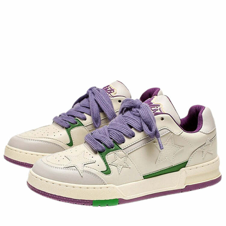 White & Purple Aesthetic Star Sneakers: Perfect for Spring Outfits & Concerts