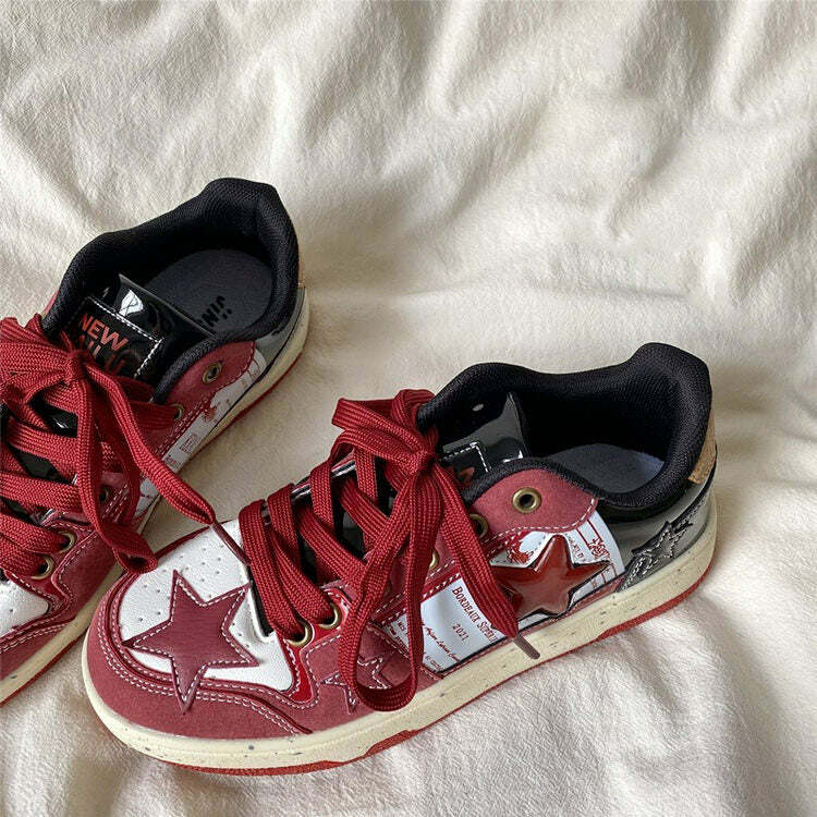 Wine Red Star Sneakers - Y2K Fashion, Cute 2000s Outfits, McBling Style