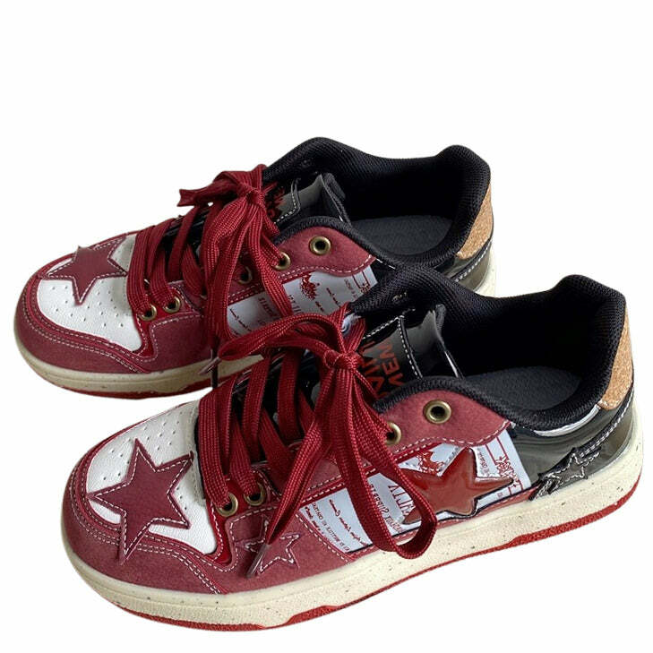 Wine Red Star Sneakers - Y2K Fashion, Cute 2000s Outfits, McBling Style