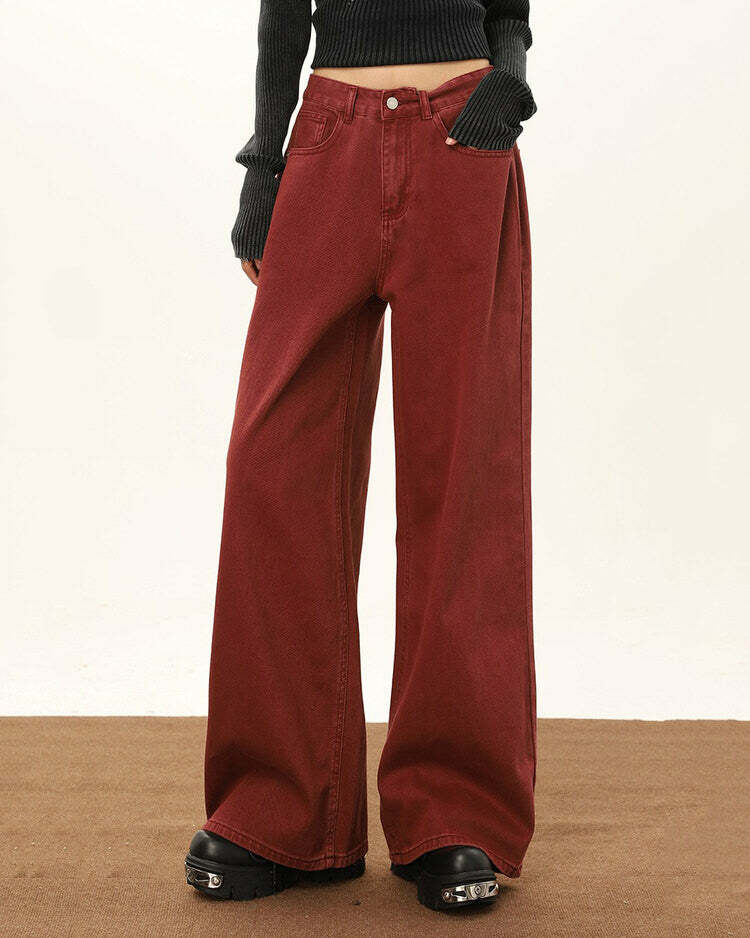 Wine Red Wide-Leg Jeans - Cute 2000s Outfits, Y2K Fashion Inspiration