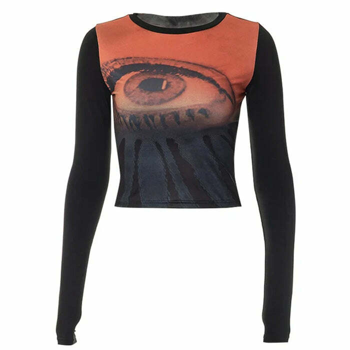 Y2K Aesthetic Eye Print Mesh Top: Trendy Outfit Ideas for Every Occasion