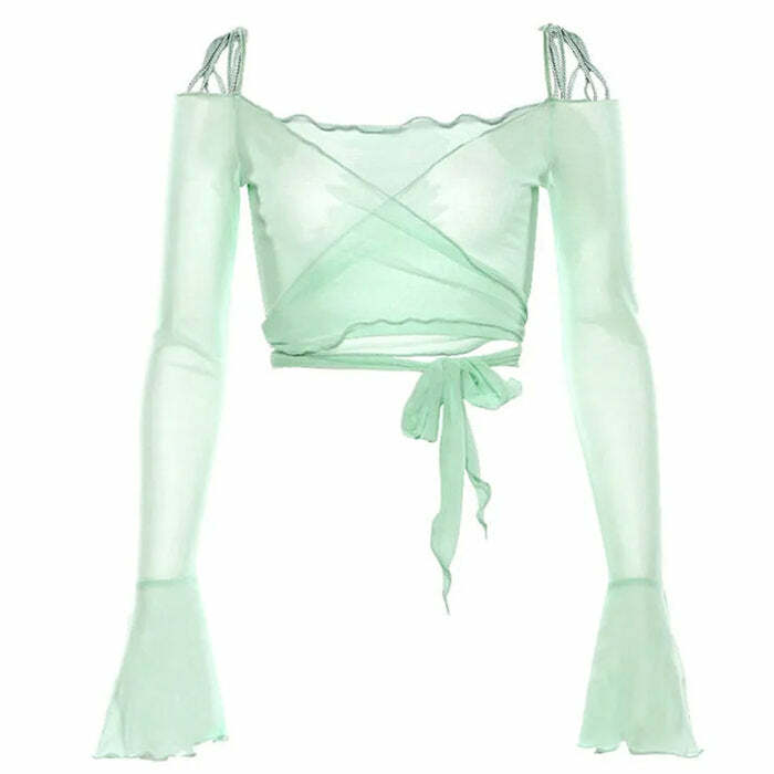 Y2K Aesthetic Flare Sleeves Mesh Top | Cute 2000s Outfits & Fashion