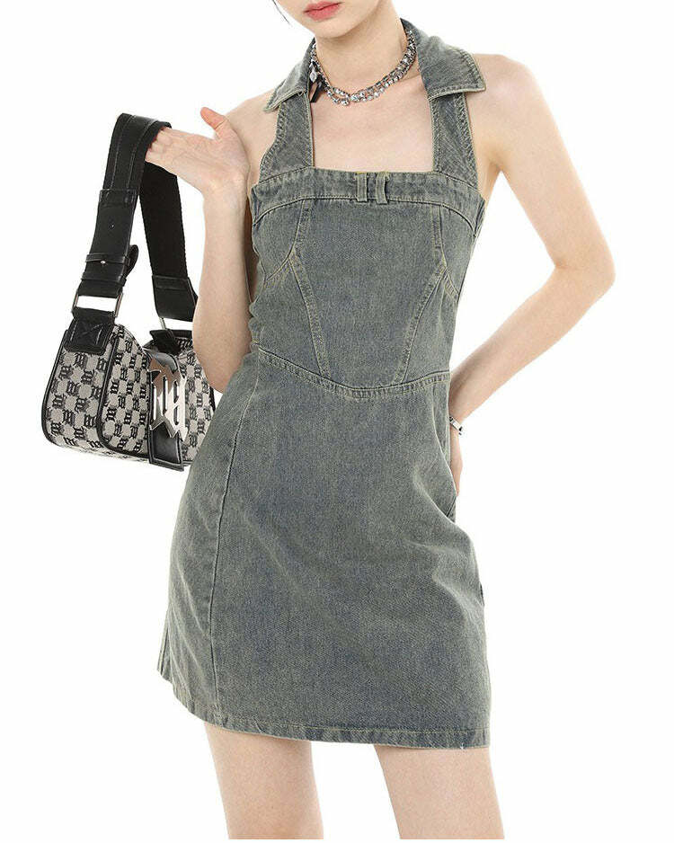 Y2K Aesthetic Halter Denim Dress: Trendy Outfit Ideas for Every Occasion