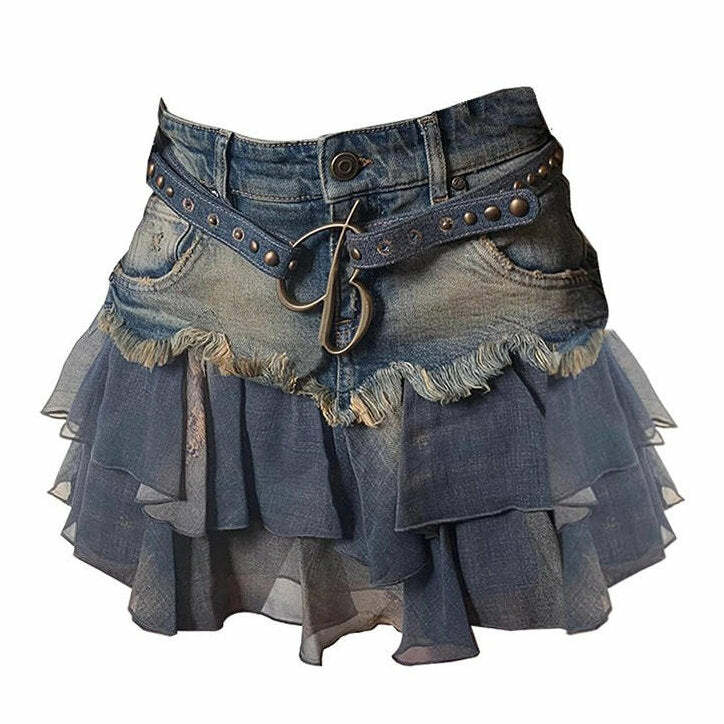 Y2K Aesthetic Ruffled Denim Skirt - Trendy Outfit Ideas for Every Occasion