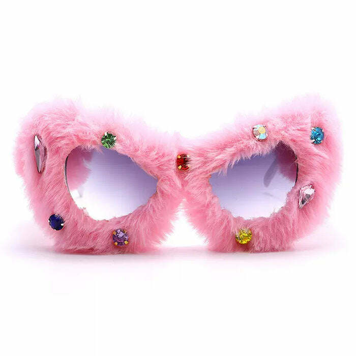 Y2K Fuzzy Rhinestone Glasses - Cute 2000s Fashion Accessory for Outfits