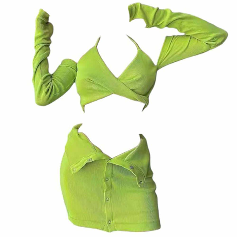 Y2K Halter Top with Gloves & Skirt Set - Cute 2000s Outfits & Fashion