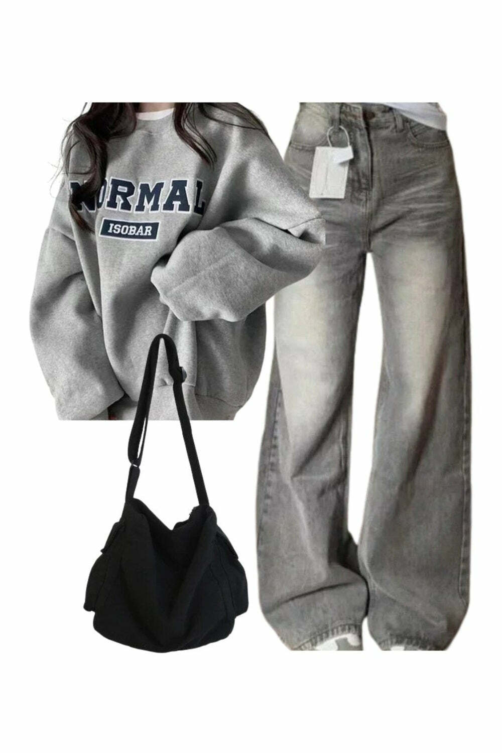 Y2K Outfit: Baggy Denim Pants, Oversized Graphic Sweatshirt & Black Bag