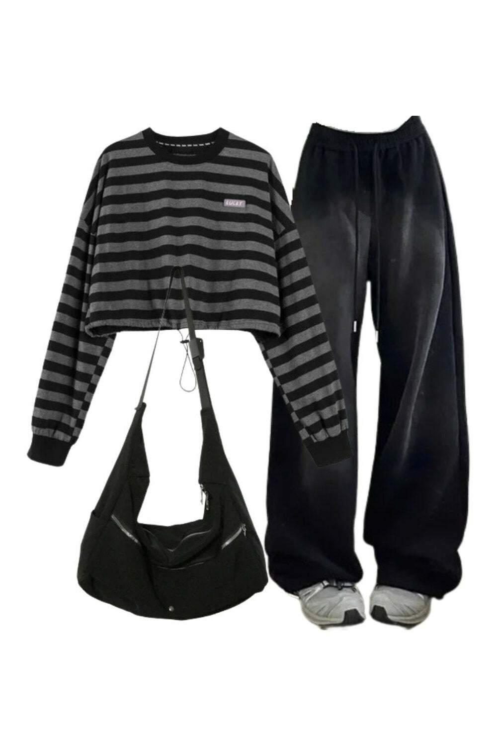 Y2K Outfit: Baggy Grunge Sweatpants & Striped Sweatshirt with Nylon Bag